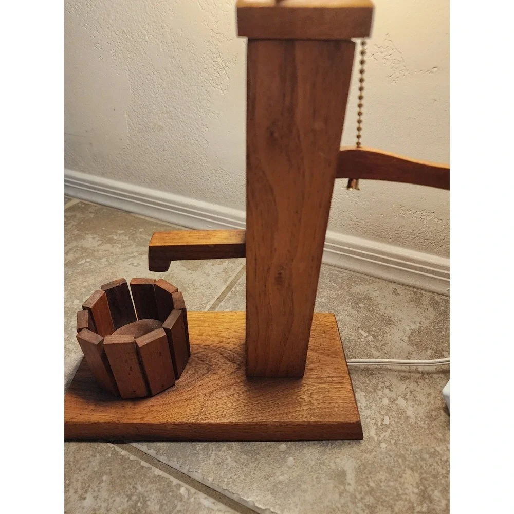 Vintage Wooden Water Pump Table Lamp Handcrafted Rustic Farmhouse Decor